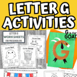 Printable and craft-based letter G activities for preschool including goat art, ghost worksheets, and groundhog coloring