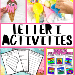 A vibrant display of 'Letter I activities for preschoolers,' featuring a cut-and-paste ice cream craft, a sensory bin with colorful pom-poms, and assorted worksheets for writing practice and insect color by number.