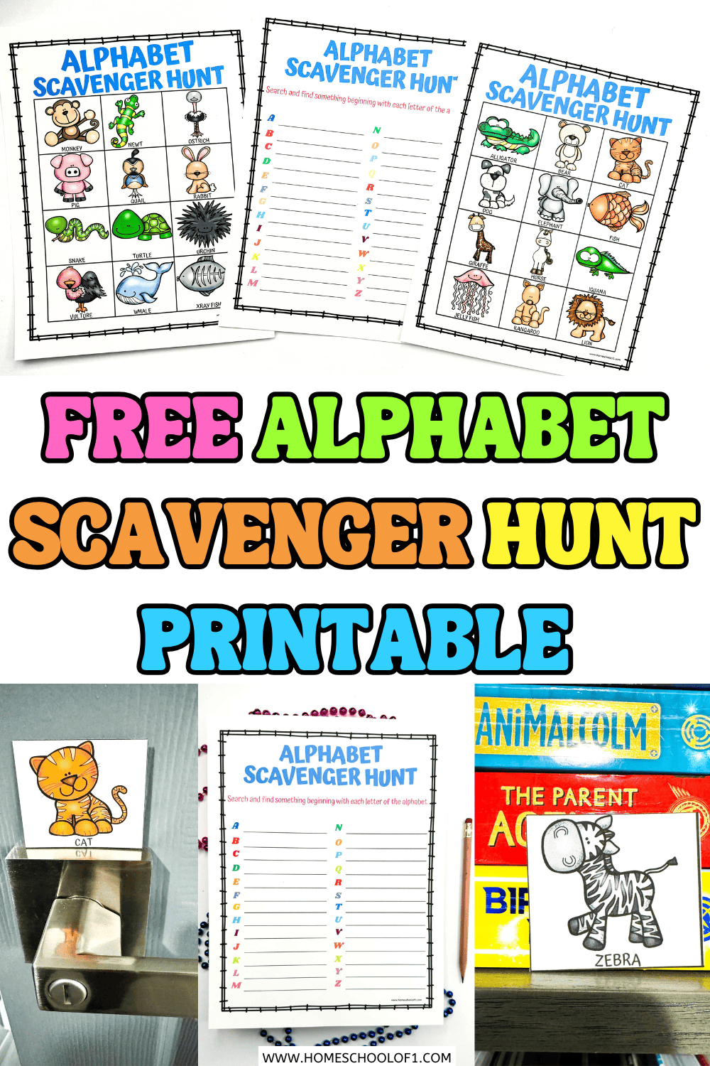 Free alphabet scavenger hunt printable for kids, featuring illustrated animal cards, a letter-matching worksheet, and two game variations for early learners.