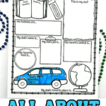 Close-up of a colorful "All About My Dad" printable worksheet for kids to personalize with their dad’s favorite book, job, color, food, car, animal, and more. A blue minivan is partially colored in, and green text is used for the title.