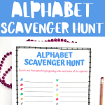 Printable Alphabet Scavenger Hunt worksheet showing two pages, one with colorful illustrations representing each letter and another with blank lines for students to write items they find beginning with each letter, accompanied by colorful beads and a pencil.