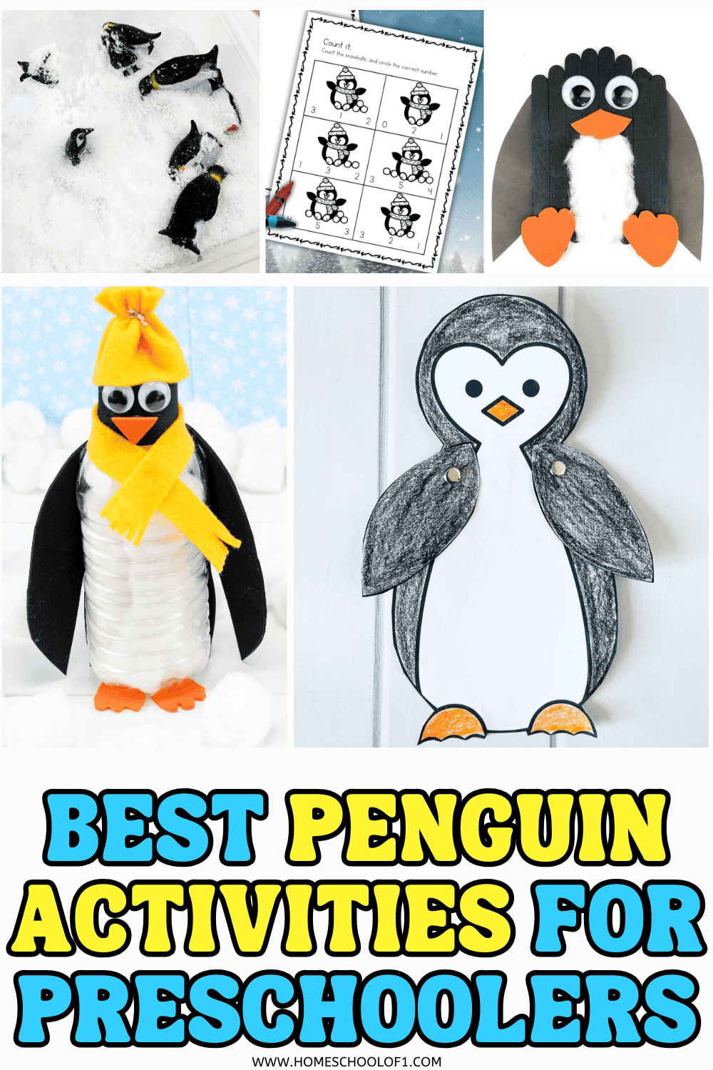 Visual roundup of the best penguin activities for preschoolers featuring snow play with penguin figures, a themed math worksheet, popsicle stick penguin craft, water bottle penguin, and a movable flipper cutout.