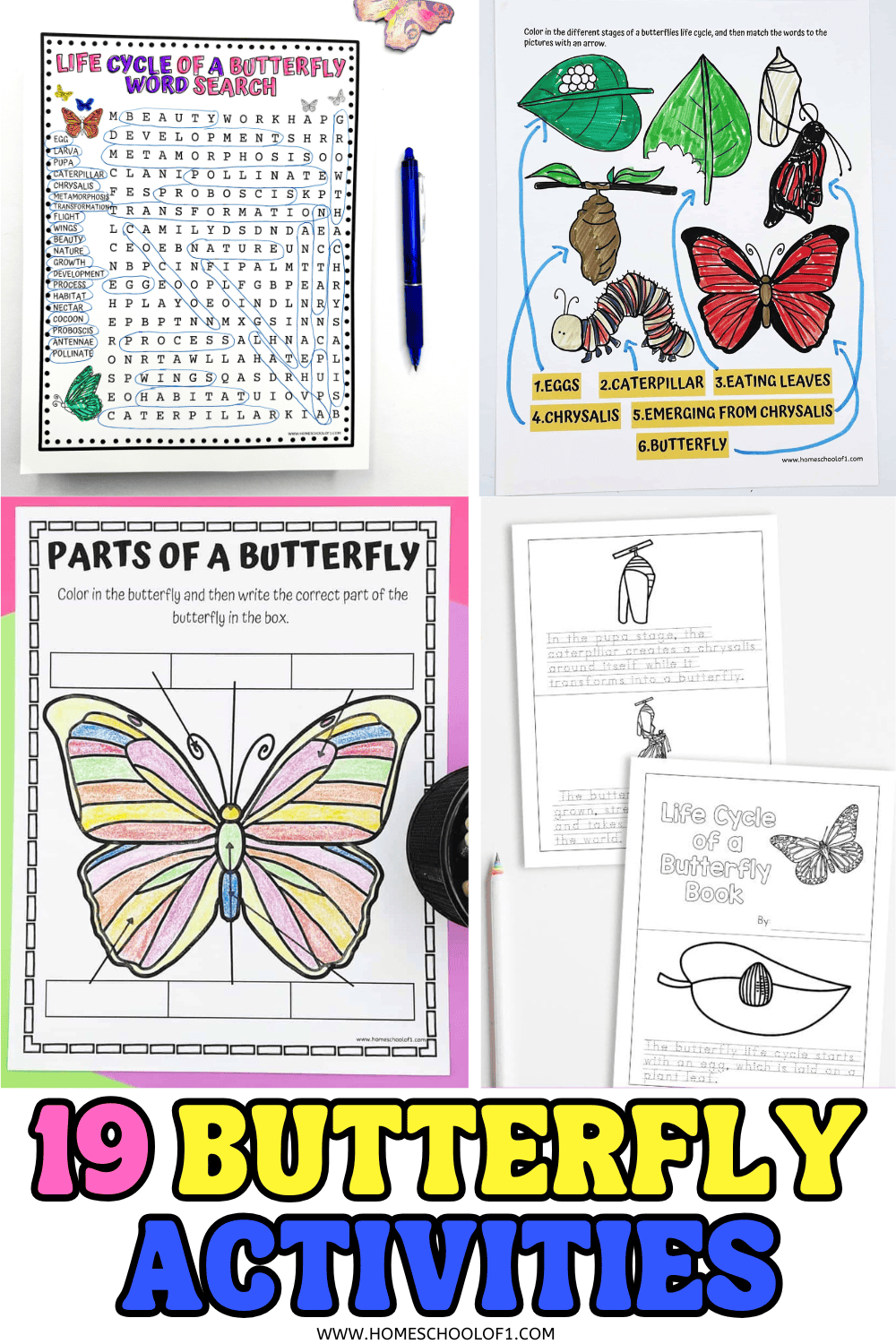 Printable butterfly activities for kids, featuring a life cycle word search, parts of a butterfly coloring page, and mini booklet.

