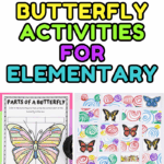Colorful collage of free butterfly worksheets for elementary students, including life cycle, anatomy, matching game, and crafts.