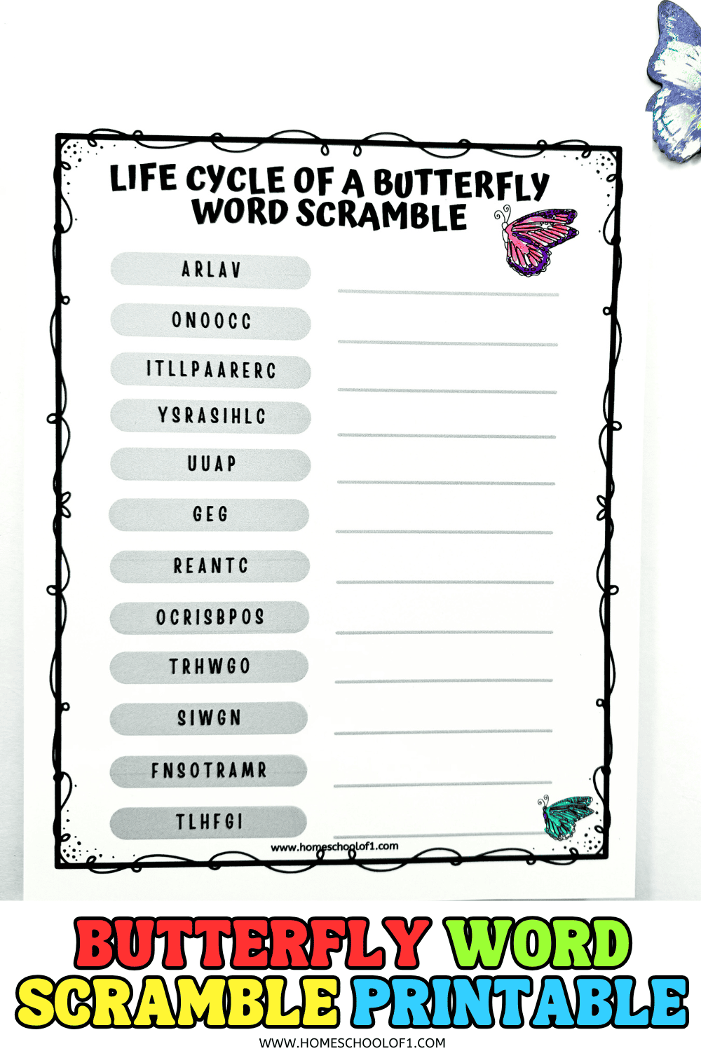 Printable butterfly word scramble for kids featuring 12 scrambled words from the butterfly life cycle with blank answer lines.


