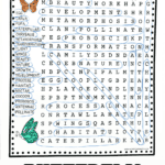A vibrant word search puzzle titled "Life Cycle of a Butterfly Word Search" with butterfly illustrations and words circled in blue ink. The word list on the left includes terms like egg, larva, pupa, caterpillar, chrysalis, metamorphosis, transformation, flight, wings, beauty, nature, growth, development, process, habitat, nectar, cocoon, proboscis, antennae, and pollinate. "BUTTERFLY WORD SEARCH" is boldly displayed at the bottom.