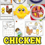 Preschool chicken-themed activity collage featuring tracing pages, life cycle diagrams, pom-pom chick craft, paper plate playdough project, and C is for Chicken handwriting page.