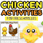 Colorful collage of preschool chicken activities including labeling parts of a chicken, a life cycle wheel, writing practice, and chicken crafts made with paper, pom-poms, and playdough.