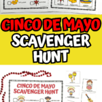 Bright and kid-friendly Cinco de Mayo scavenger hunt activity sheet, paired with individual cut-out image cards including maracas, tacos, sombrero, and dancing characters. Bold title text and scattered red beads add a celebratory vibe.