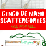 Printable Cinco de Mayo Scattergories sheets with festive graphics and lettered categories for a fun holiday-themed word game, alongside Mardi Gras beads and a red marker