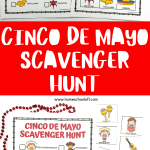 A 'Cinco de Mayo Scavenger Hunt' poster featuring various Mexican cultural symbols in a checklist format, with red beads scattered around. The image depicts the items and their names, such as 'Maracas Boy' and 'Girl Piñata,' on a black-and-white dashed border.