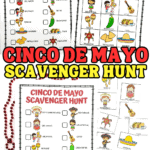 Two side-by-side Cinco de Mayo scavenger hunt pages with festive graphics and bilingual-inspired labels, showing icons such as a girl with a flag, sombrero, green pepper, and tortilla chips, designed for kids to spot and check off.