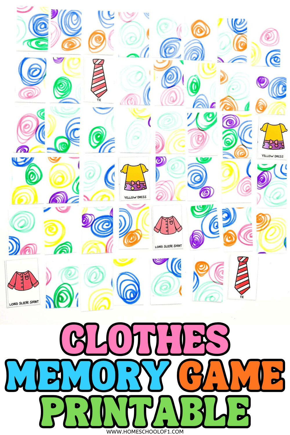 Clothes memory game printable for preschool and kindergarten with matching clothing cards