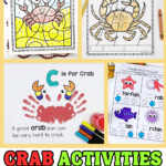 A collection of educational crab activities for preschoolers featuring a crab coloring sheet, a crab anatomy worksheet, a punny crab handprint craft, a phonics page with sea creatures, and a bold title that reads “Crab Activities for Preschoolers” in rainbow-colored text.