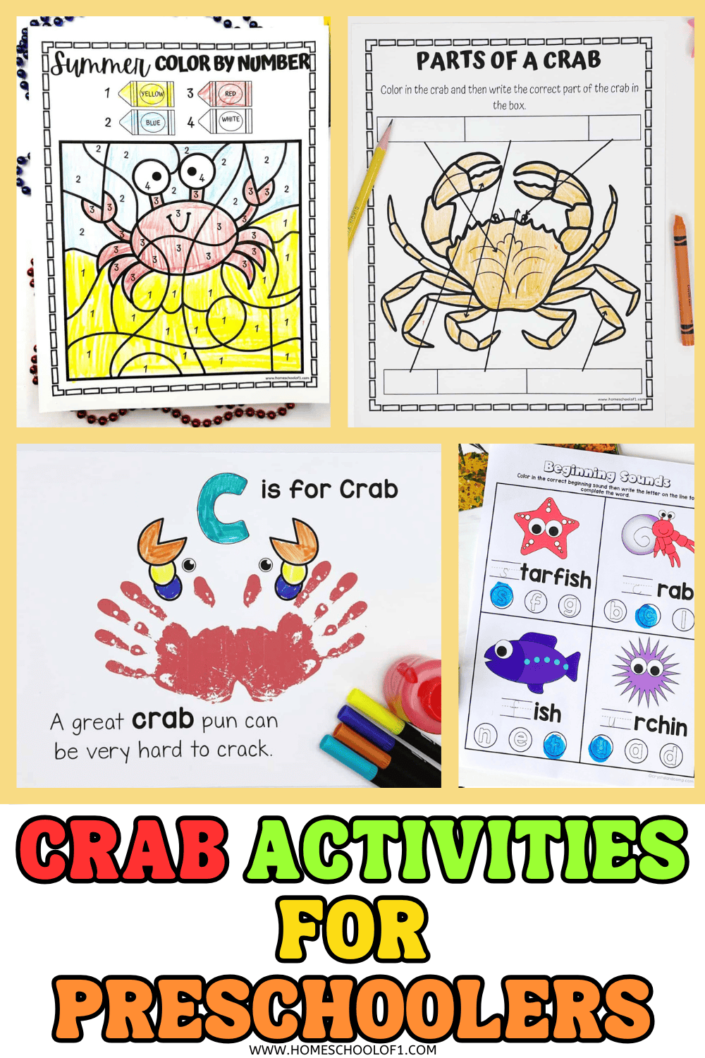 A collection of educational crab activities for preschoolers featuring a crab coloring sheet, a crab anatomy worksheet, a punny crab handprint craft, a phonics page with sea creatures, and a bold title that reads “Crab Activities for Preschoolers” in rainbow-colored text.