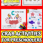 Bright and engaging preschool activities all centered around crabs: includes a color-by-number crab page, a crab labeling worksheet, a handprint crab art project, a phonics worksheet with ocean animals, and two red crab crafts made from paper plates and cut-out shapes.