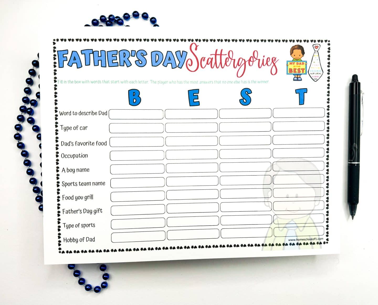 Fathers Day scattergories printable with the word BEST and lots of categories related to dad