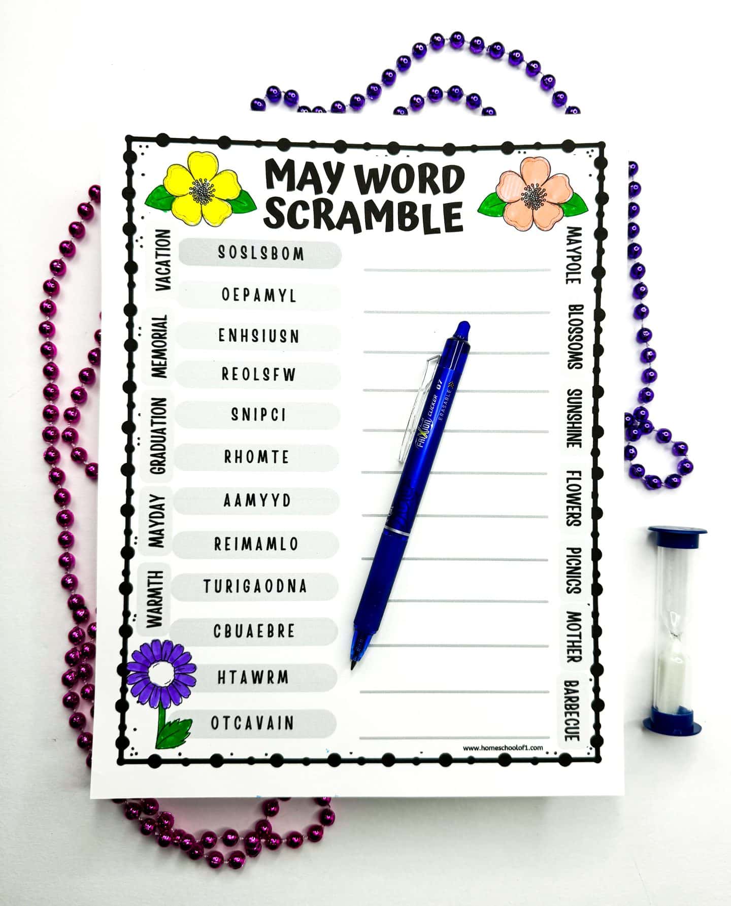 May Word Scramble printable activity featuring easy-to-solve scrambled words related to spring, embellished with colorful flowers and flanked by purple and green Mardi Gras beads and an hourglass