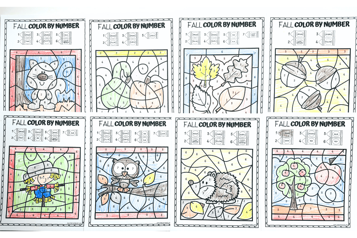 Collection of 'Fall Color by Number' worksheets with various autumn-themed illustrations, including animals and leaves, partially colored, ready for educational fun.