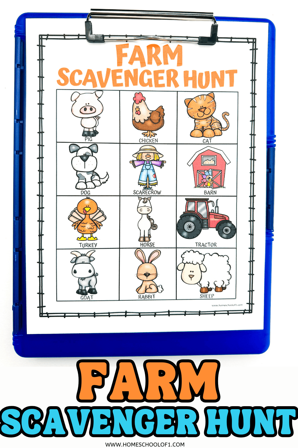 farm animal scavenger hunt` ON A BLUE STORAGE CLIPBOARD