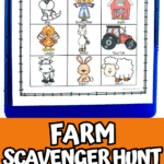 farm scavengher hunt printable at the top and kids playin with farm animals at the bottom