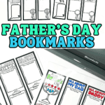 A variety of printable Father's Day bookmarks with fill-in-the-blank designs for Dad, Daddy, Grandpa, and Grandad. Some are colored in with vibrant markers and laminated, including messages like "I love you" and favorite colors.