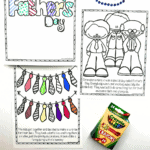 Three printable Father's Day coloring pages partially colored with markers and crayons, including a “Happy Father’s Day” title page, a page with kids in ties, and a page with colorful tie bunting and a short story at the bottom. Blue beaded necklace and a box of Crayola crayons sit beside the pages.