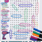 Colorful Father's Day word search puzzle with the title "FATHERS DAY WORD SEARCH" in bold letters, featuring a necktie graphic and the word "DAD" vertically on the left. Words like “DADDY,” “FAMILY,” “FUN,” and “PROTECT” are highlighted in various colors, and several colored markers lie at the bottom right.