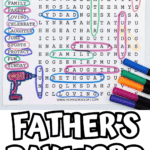 Father’s Day-themed word search printable with a bold title and a blue-and-green tie graphic. The puzzle includes words like “JUNE,” “SPORTS,” “DAUGHTER,” and “SUNDAY,” circled in colorful markers, with a drill graphic on the bottom left and the text “FREE PRINTABLE” underneath.