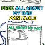 Two printable worksheet pages titled "All About My Grandad" and "All About My Dad," designed for kids to fill in with information like favorite book, job, hobbies, and favorite car. Bright colors and playful fonts make it ideal for Father’s Day or family-themed activities.