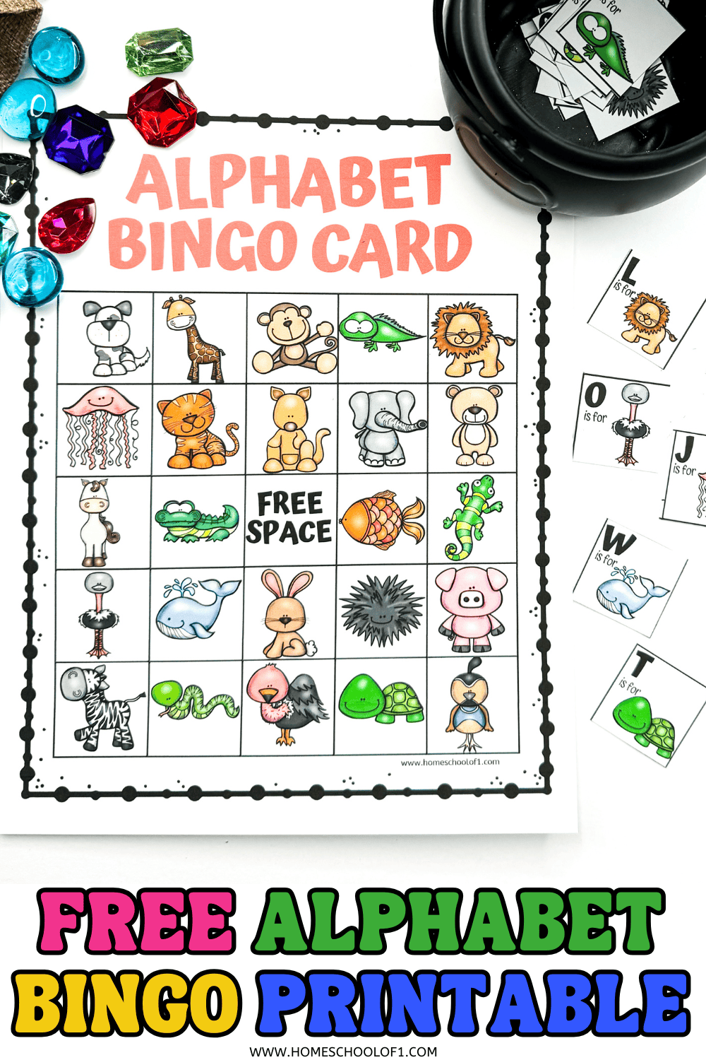 Free alphabet bingo printable featuring a 5x5 animal-themed bingo card with colorful illustrated letters and matching calling cards.