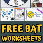 Collage of free printable bat worksheets for kids, including life cycle wheels, anatomy labeling, letter V recognition, and counting activities.