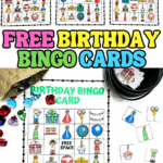 Free birthday bingo printable cards for kids with colorful 5x5 grids featuring balloons, cakes, presents, party hats, cupcakes, and a calling card. Includes cut-out bingo tiles and bright gem markers for party play.