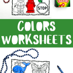 This image features educational coloring worksheets with various objects grouped by color categories such as pink, orange, yellow, blue, green, and red. Each color category includes items like a pink pig and a red heart, all outlined for coloring.