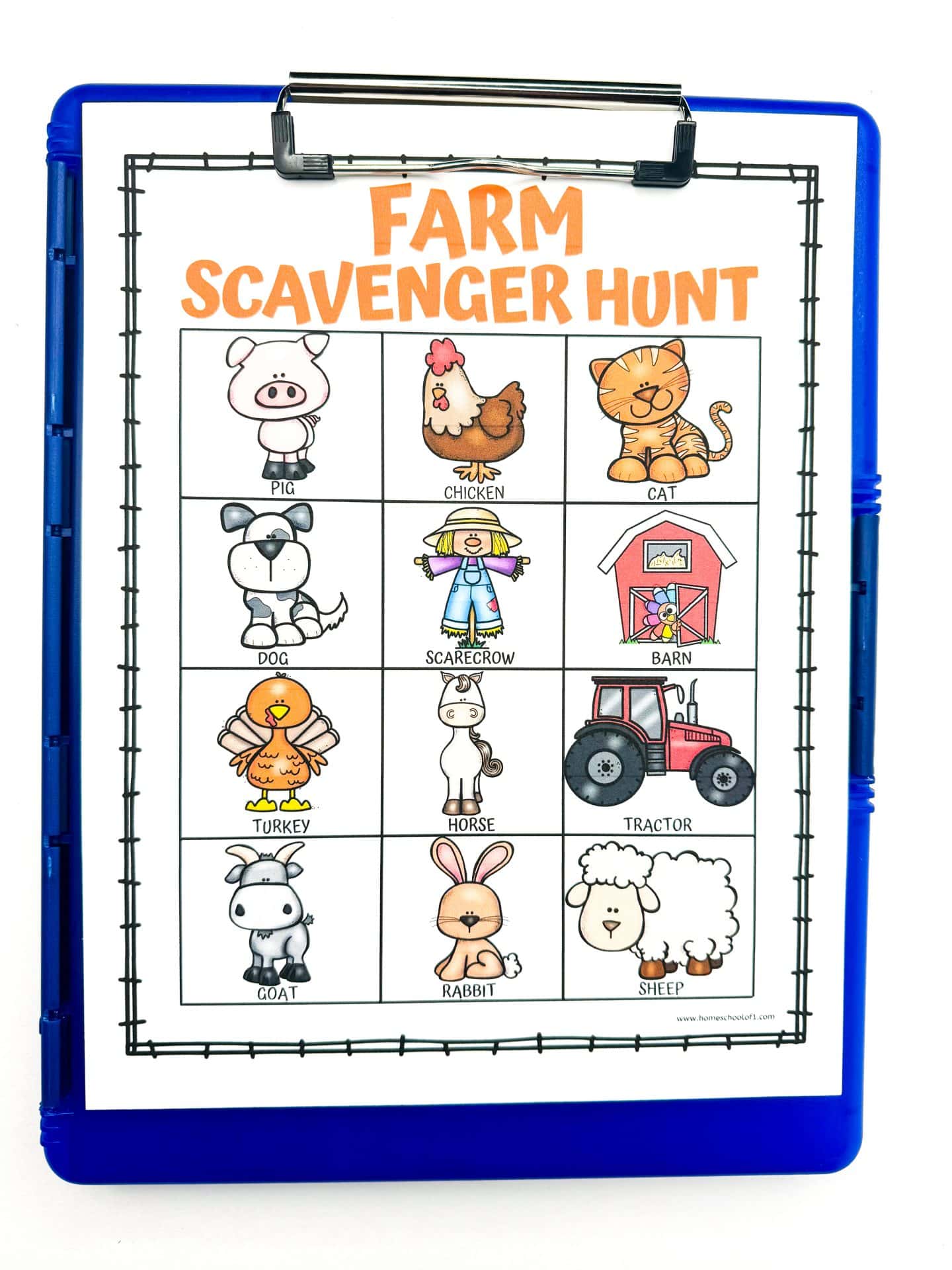 Downloadable 'Farm Scavenger Hunt' activity sheet on a blue clipboard featuring adorable cartoon illustrations of farm animals and a barn, perfect for outdoor educational games with children.