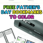 Printable Father's Day bookmarks to color, featuring black-and-white templates with prompts like “My Dad’s favorite color is…” and “My Dad is the best at…” plus versions for Dad, Daddy, Grandpa, and Grandad. One completed example shows the message "I love you" in blue crayon and red stars added for decoration.