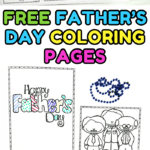 A set of free printable Father's Day coloring pages featuring kids with their dads, mugs that say “Dad,” award ribbons, trophies, and colorful necktie bunting. Some pages include short, fun stories and the phrase “Happy Father’s Day” in large bubble letters.