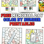 a selection of memorial day color by number printables including a poppy, a cross, a usa memorial ribbon, and army dog tags all colored in and the words free memorial day color by number printables written in red white and blue in the middle.