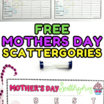 A vertical collage featuring four themed Mother's Day Scattergories game boards, a blue pen, pink and purple beads, and a sand timer. The image promotes “FREE MOTHERS DAY SCATTERGORIES” with large bold text in bright pink, green, yellow, and black.
