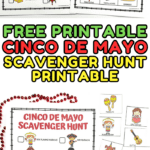 Colorful printable Cinco de Mayo scavenger hunt sheets featuring playful cartoon illustrations and matching words like "boy playing maracas," "guitar," "tacos," and "piñata star." Includes cut-out cards with matching images for a fun and educational hunt.