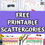 Free printable Scattergories lists for kids with holiday themes including Halloween, Christmas, Winter, and Thanksgiving, shown with pens and timers.