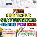 Free printable Scattergories games for kids with themed boards for Valentine’s Day, St. Patrick’s Day, Summer, Fall, Halloween, Christmas, Winter, and Thanksgiving.