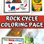 Printable rock cycle diagram with labeled stages, crayons, and open geology book—hands-on activity for science lessons.