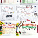 Printable holiday Scattergories boards for kids featuring Valentine’s Day, St. Patrick’s Day, Summer, Fall, Halloween, and Christmas themes.