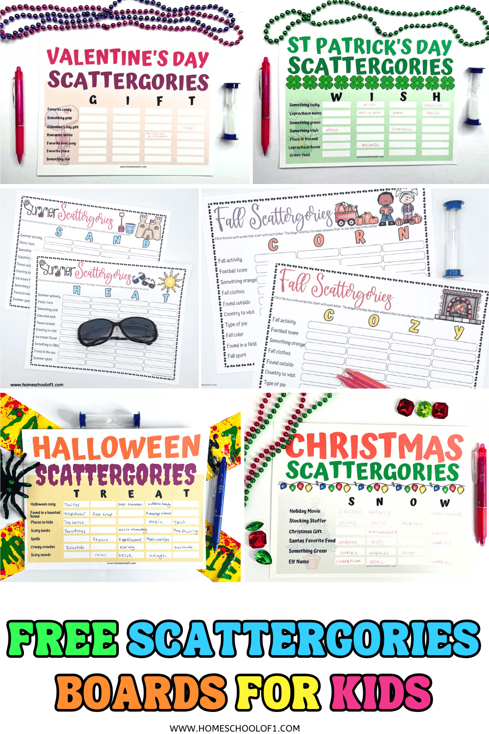 Printable holiday Scattergories boards for kids featuring Valentine’s Day, St. Patrick’s Day, Summer, Fall, Halloween, and Christmas themes.

