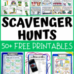 Printable scavenger hunt clues and activity sheets for kids with clipboards and colorful designs for learning fun at home.