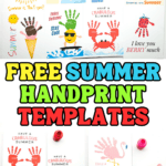 Bright and bold graphic showcasing free summer handprint templates with fun characters like a strawberry, crab, and flip-flops. The image highlights cheerful sayings like “I love you BERRY much” and “Stepping into Summer,” with paint jars and brushes framing the scene.