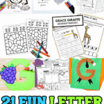 Collage of 21 letter G activities for preschool including crafts, worksheets, color-by-letter pages, and giraffe printables