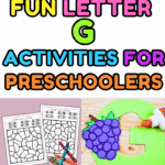 Preschool letter G activities with goose craft, color-by-letter pages, grape craft, ghost worksheets, and giraffe tracing sheets