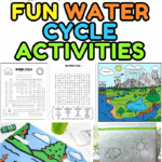 Fun water cycle activities for elementary students featuring printables, crafts, science experiments, and learning visuals.